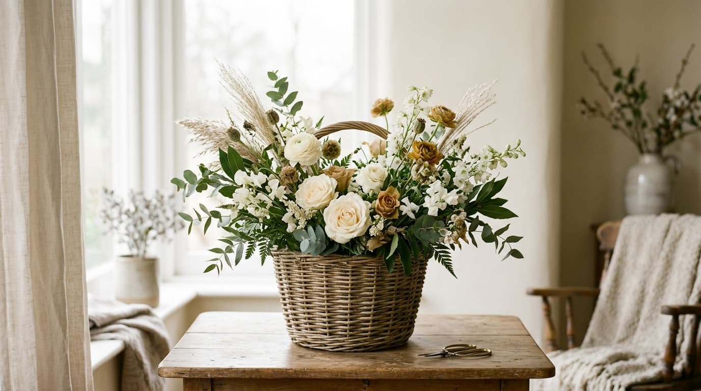 سبد گل حصیری چیده‌شده در فضای خانگی